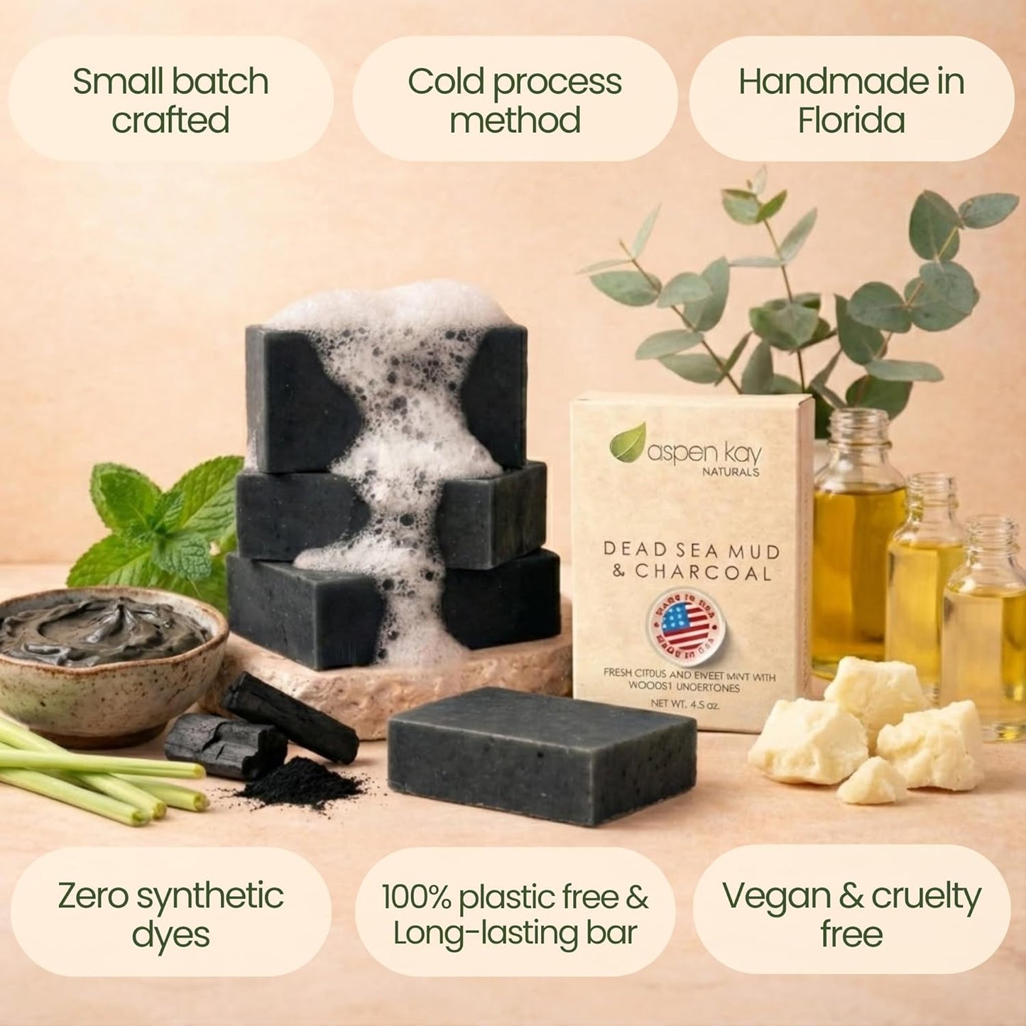 Handmade Dead Sea Mud Soap Bar, Activated Charcoal & Pure Essential Oils, 4.5 Oz Bar