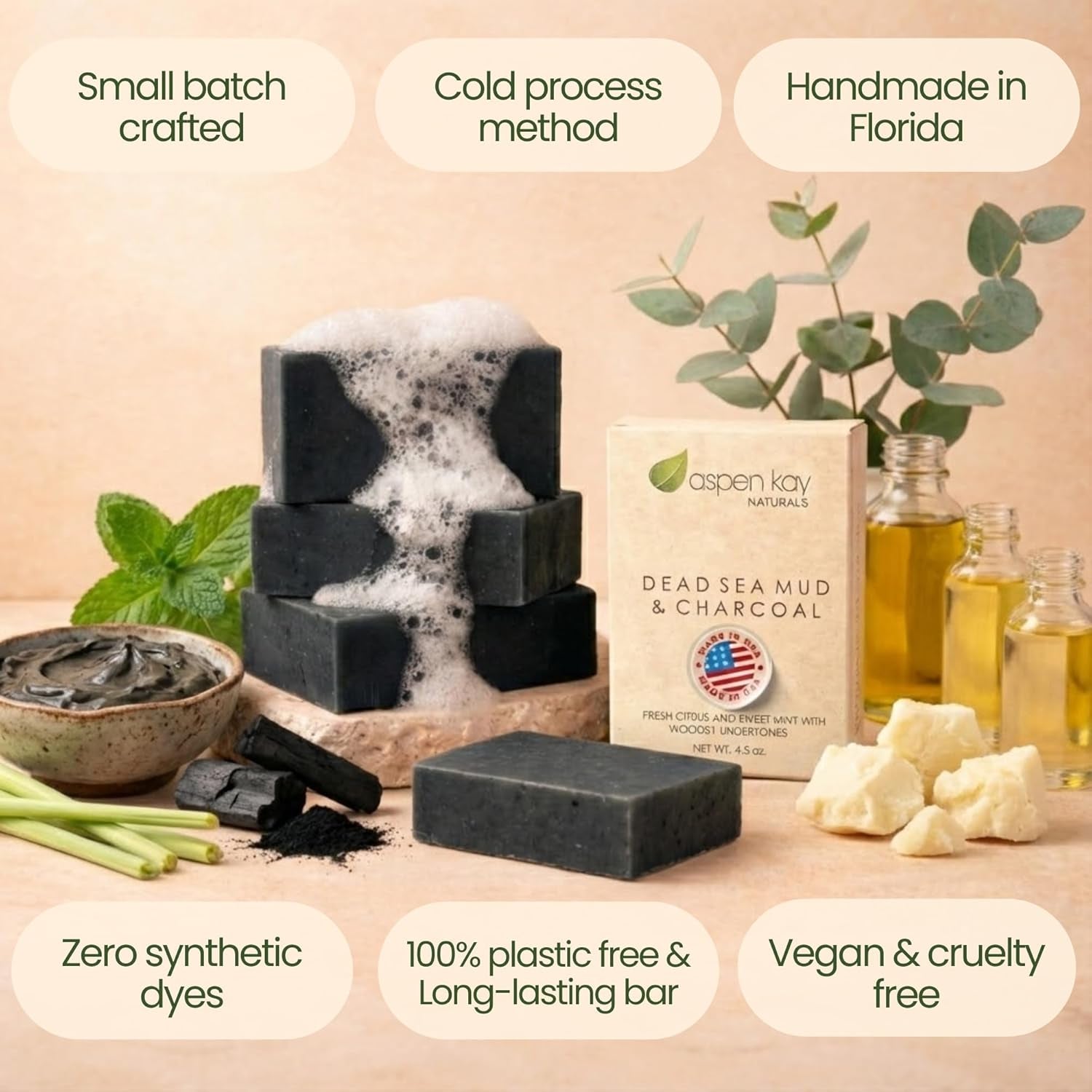 Handmade Dead Sea Mud Soap Bar, Activated Charcoal & Pure Essential Oils, 4.5 Oz Bar